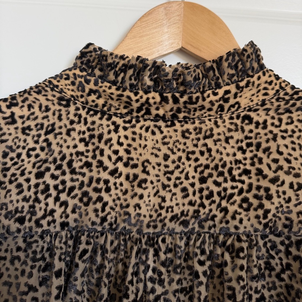 Anthropologie Sheer Leopard Flocked Velvet BlouseBoho Ruffle Balloon Sleeve - Picture 8 of 10
